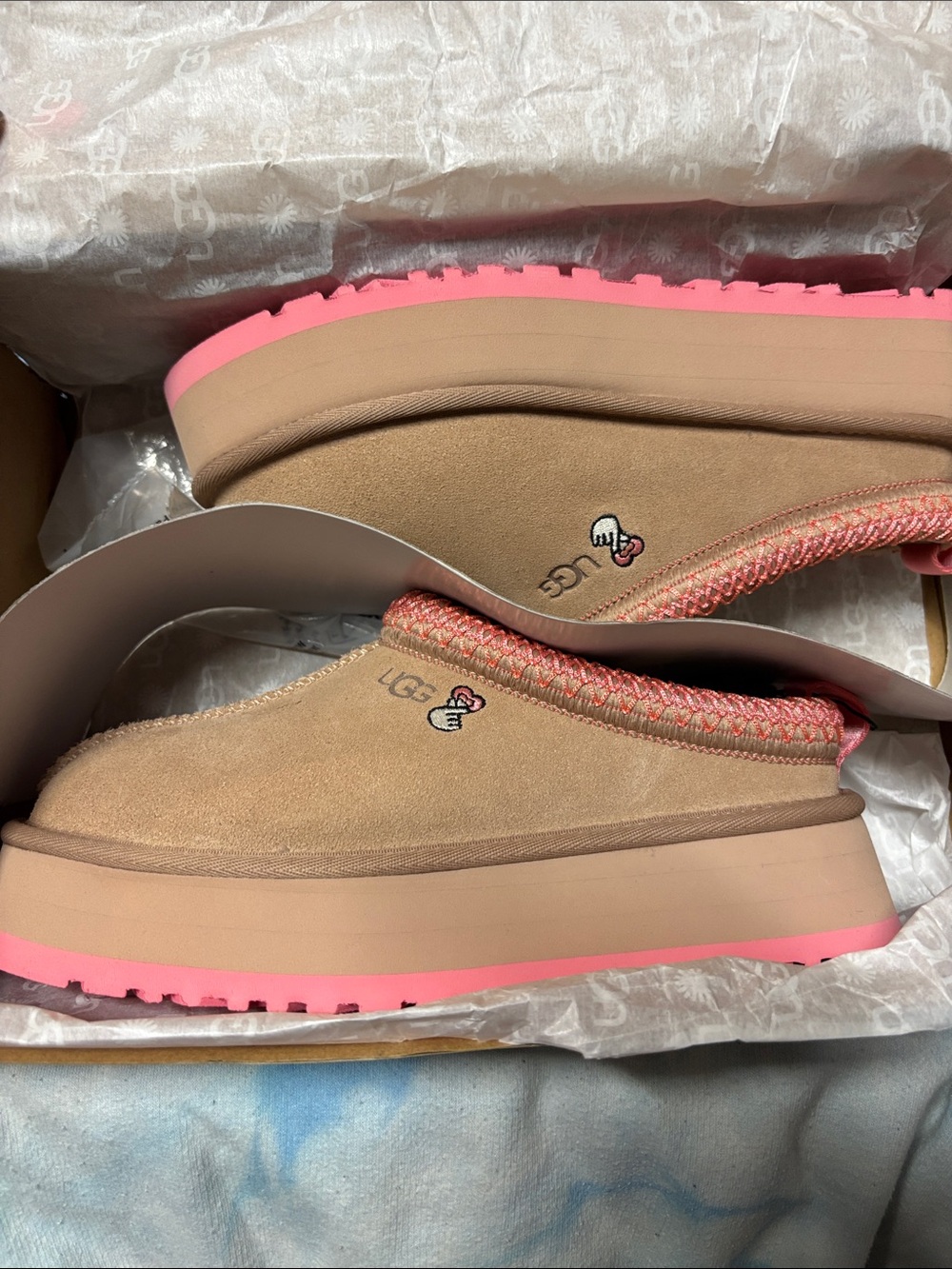UGG Tan Suede Platform Mules with Pink Trim